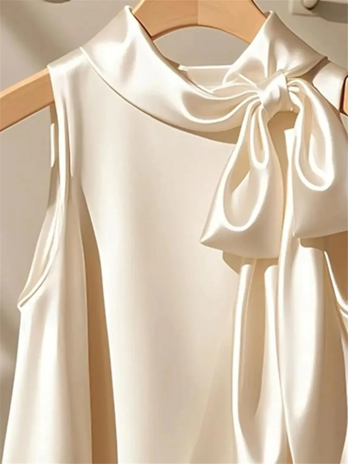 Women's Mock Neck Big Bow Satin Tank Top & Camisole - Summer Lightweight Sleeveless Blouse Loose Fit Casual Work Office Vest