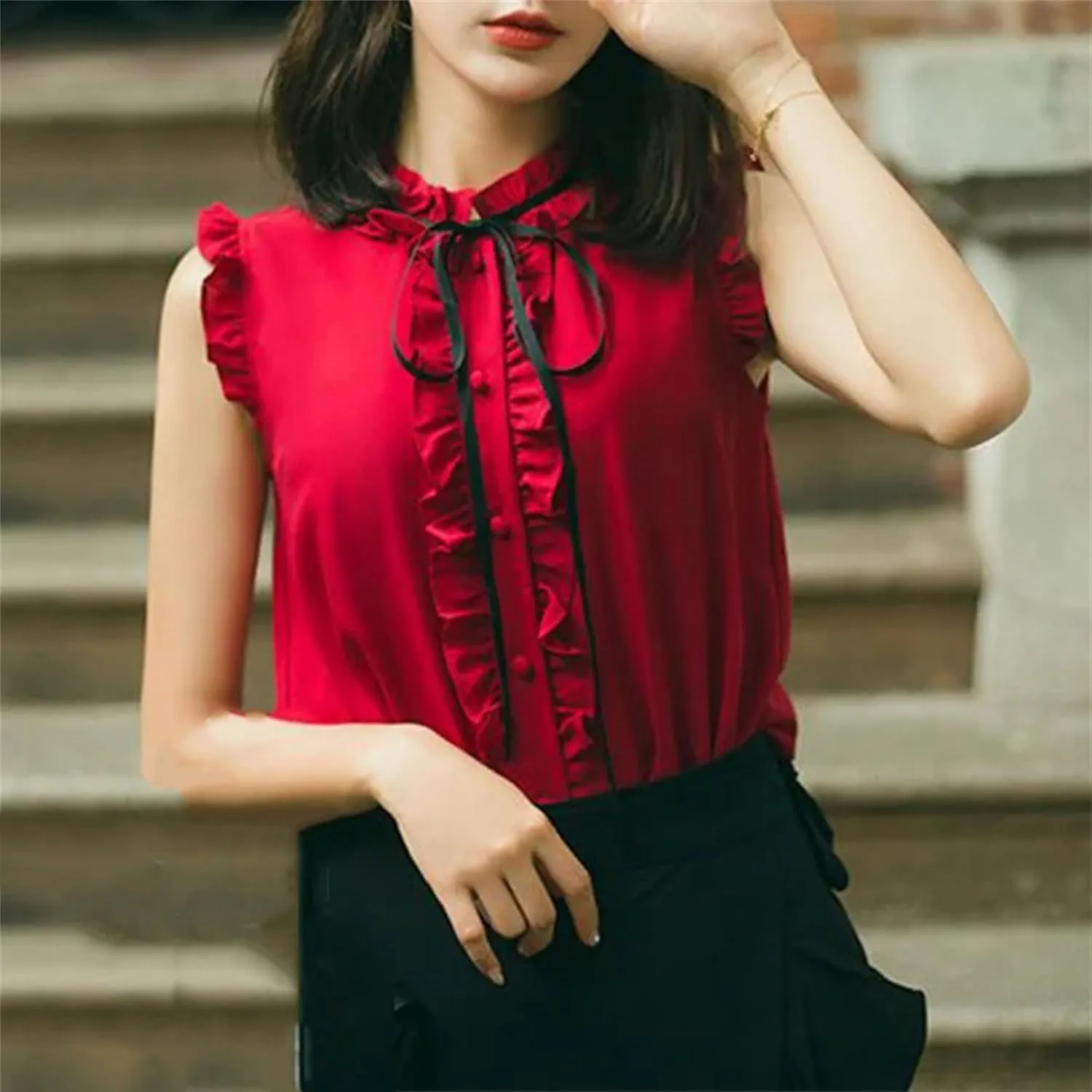 Women's Mock Neck Ruffle Trim Satin Tank Top Camisole Summer Breathable Bow Accent Sleeveless Blouse for Casual & Work Office