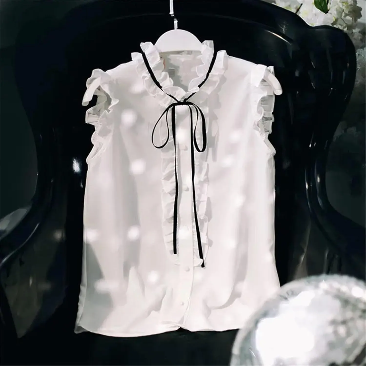 Women's Mock Neck Ruffle Trim Satin Tank Top Camisole Summer Breathable Bow Accent Sleeveless Blouse for Casual & Work Office