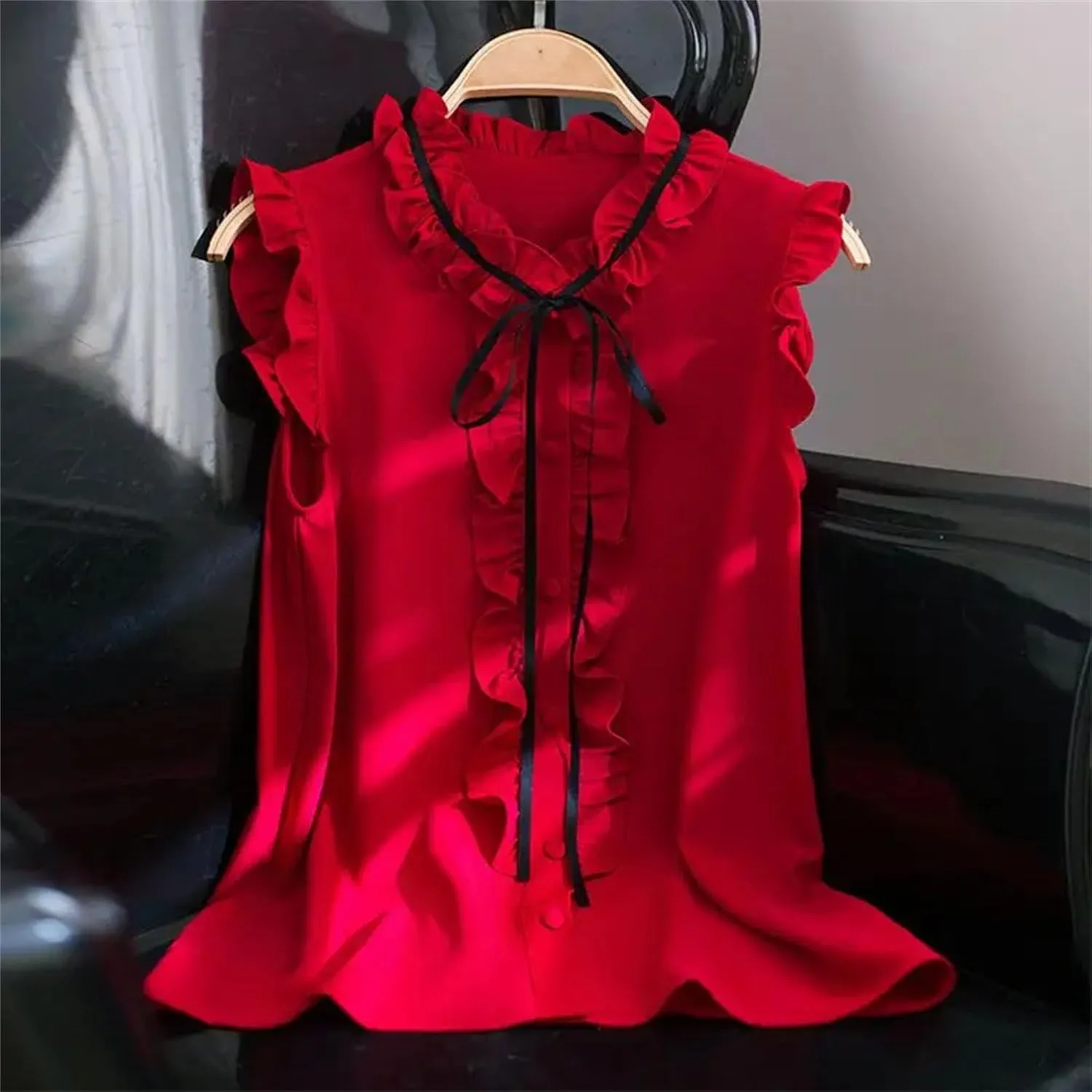 Women's Mock Neck Ruffle Trim Satin Tank Top Camisole Summer Breathable Bow Accent Sleeveless Blouse for Casual & Work Office