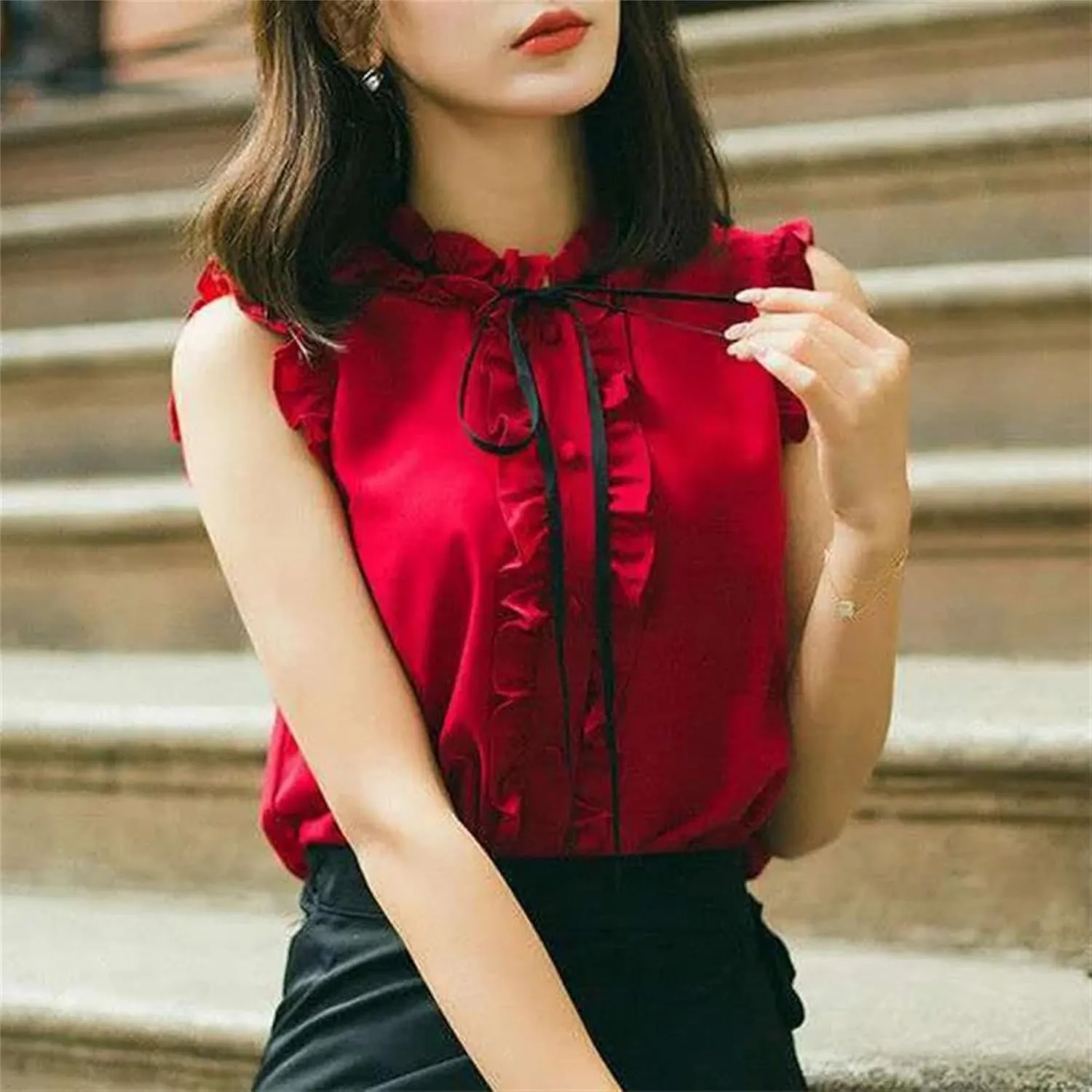 Women's Mock Neck Ruffle Trim Satin Tank Top Camisole Summer Breathable Bow Accent Sleeveless Blouse for Casual & Work Office