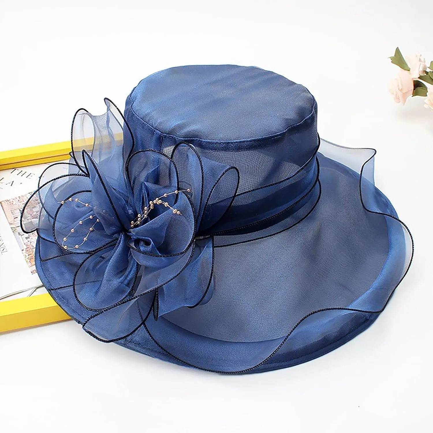 Womens Organza Church Derby Hat 2025 Wide Brim Beach Sun Hats for Wedding Tea Party Fascinator Hat Summer