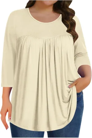 Womens Oversized Tunic Tops Summer 3/4 Sleeve Crewnek Flowy T Shirts Hide Belly Pleated Soft Comfy Casual Tee Blouses