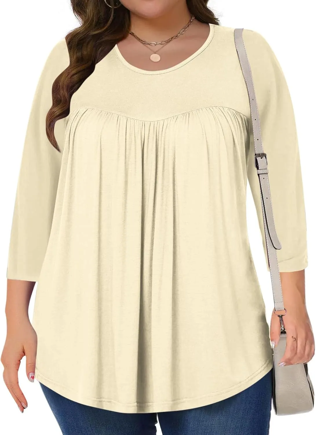 Womens Oversized Tunic Tops Summer 3/4 Sleeve Crewnek Flowy T Shirts Hide Belly Pleated Soft Comfy Casual Tee Blouses