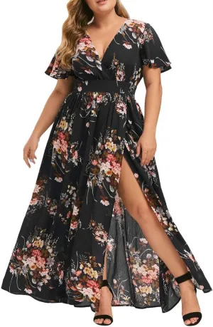 Womens Plus Size Summer Dress Short Sleeve Casual Floral Maxi Dresses High Waist Cocktail Flowy Wrap Sundress