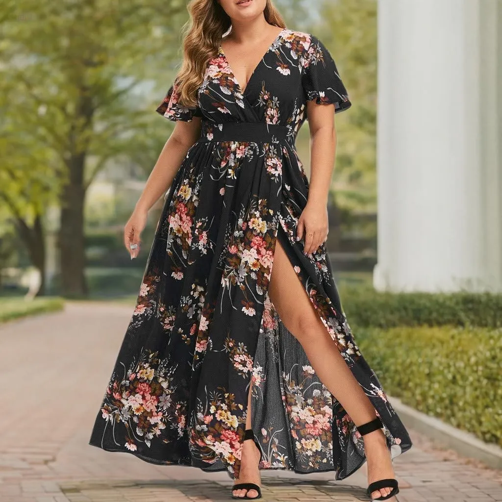 Womens Plus Size Summer Dress Short Sleeve Casual Floral Maxi Dresses High Waist Cocktail Flowy Wrap Sundress