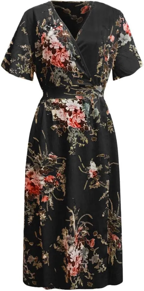 Womens Plus Size Summer Dress Short Sleeve Casual Floral Maxi Dresses High Waist Cocktail Flowy Wrap Sundress