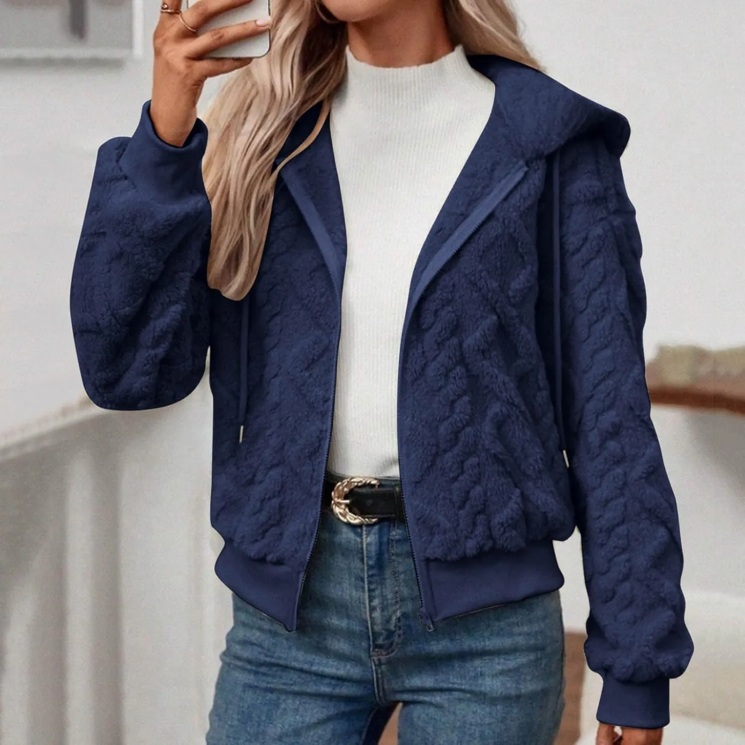 Womens Plush Pullover Jacket Solid Color Full Zip Hooded Sweatshirts Lightweight Loose Stand Collar Fleece Jackets