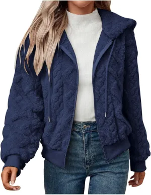 Womens Plush Pullover Jacket Solid Color Full Zip Hooded Sweatshirts Lightweight Loose Stand Collar Fleece Jackets