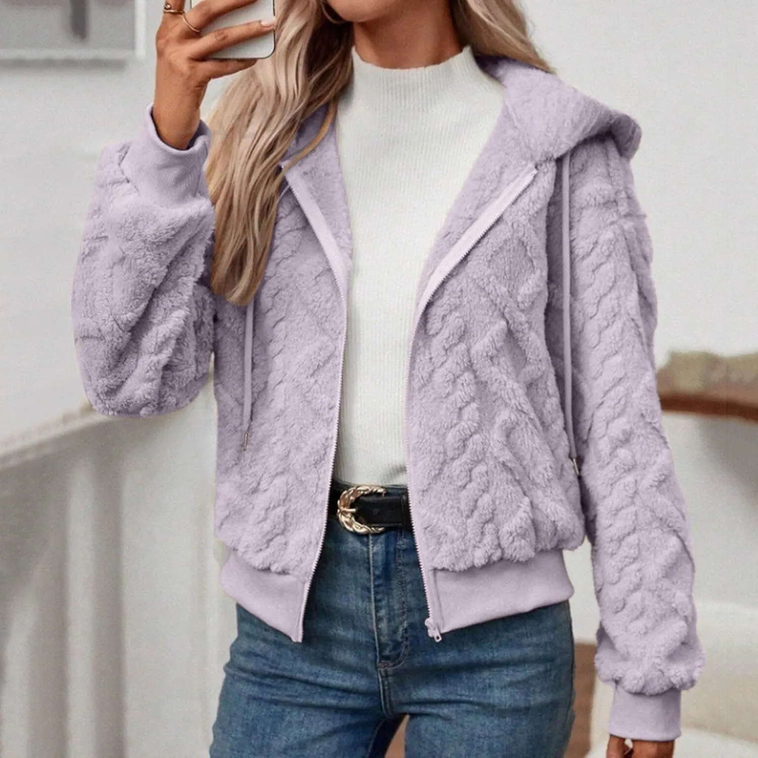Womens Plush Pullover Jacket Solid Color Full Zip Hooded Sweatshirts Lightweight Loose Stand Collar Fleece Jackets