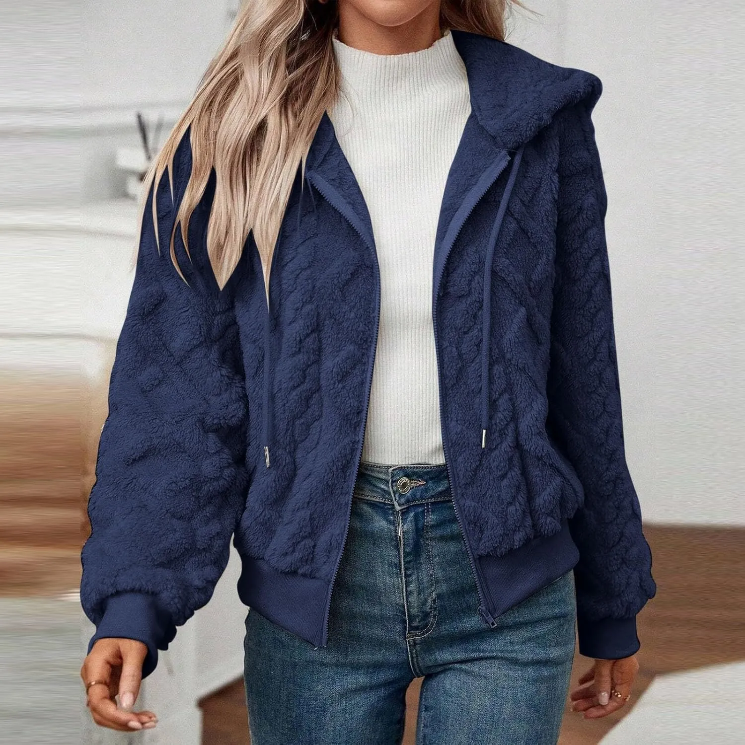 Womens Plush Pullover Jacket Solid Color Full Zip Hooded Sweatshirts Lightweight Loose Stand Collar Fleece Jackets