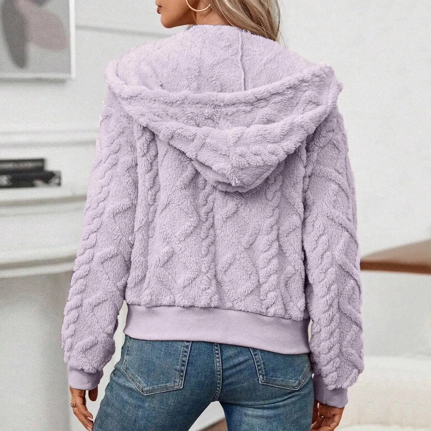 Womens Plush Pullover Jacket Solid Color Full Zip Hooded Sweatshirts Lightweight Loose Stand Collar Fleece Jackets