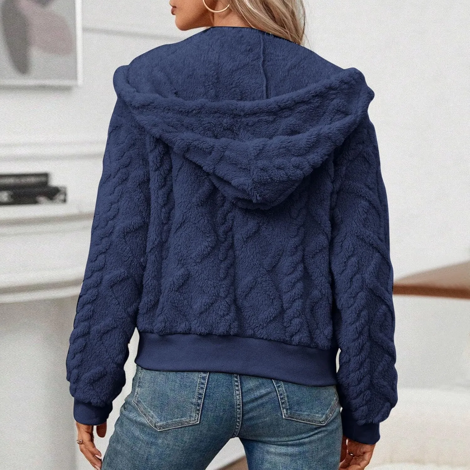 Womens Plush Pullover Jacket Solid Color Full Zip Hooded Sweatshirts Lightweight Loose Stand Collar Fleece Jackets