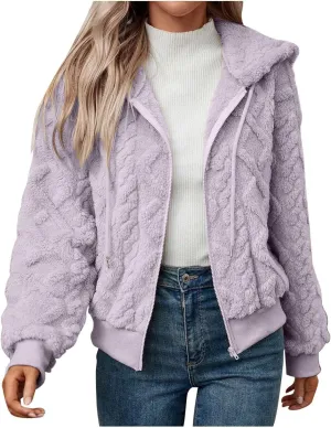 Womens Plush Pullover Jacket Solid Color Full Zip Hooded Sweatshirts Lightweight Loose Stand Collar Fleece Jackets
