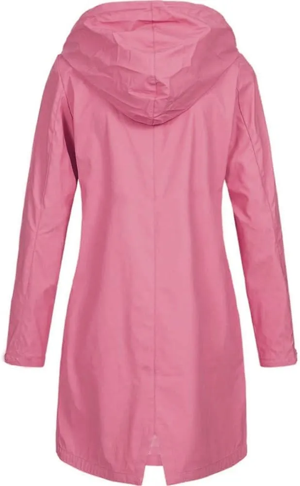 Women's Raincoat Solid Color Long Sleeve Full Zip Up Long Jacket Outdoor Lightweight Hooded Windproof Jackets Coat