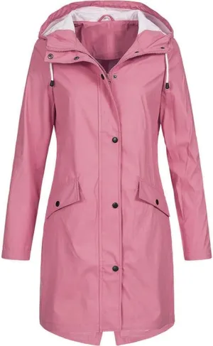 Women's Raincoat Solid Color Long Sleeve Full Zip Up Long Jacket Outdoor Lightweight Hooded Windproof Jackets Coat