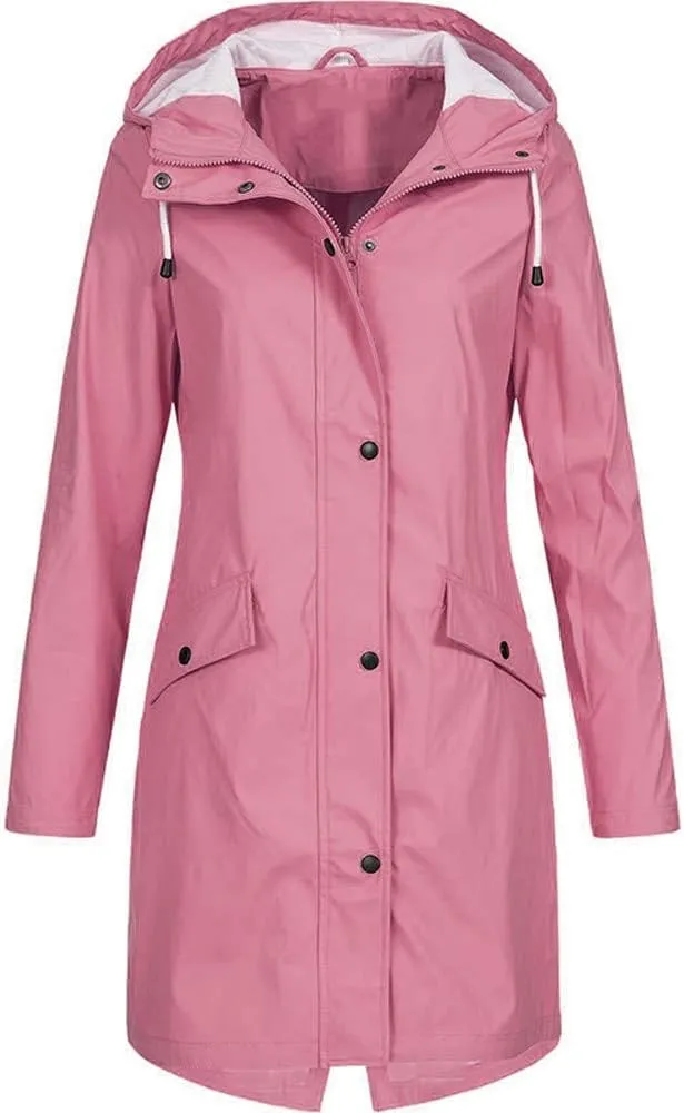 Women's Raincoat Solid Color Long Sleeve Full Zip Up Long Jacket Outdoor Lightweight Hooded Windproof Jackets Coat
