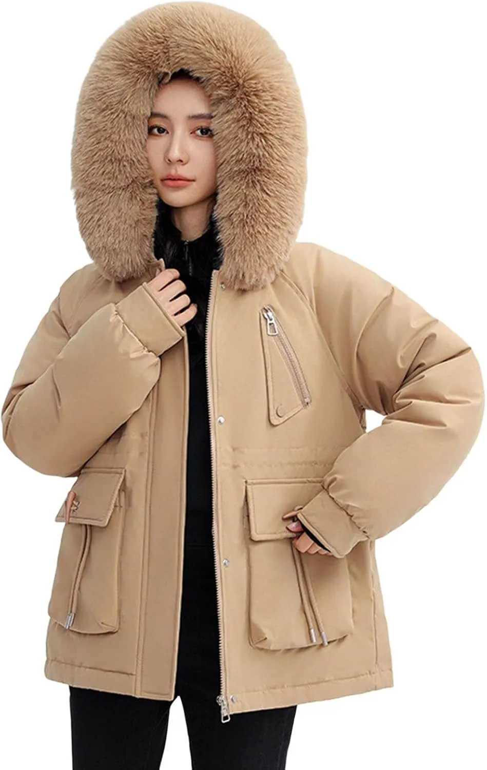 Women's Regular Fit Winter Cotton Jackets With Zipper Pockets Long Sleeve Full Zip Thickened Hooded Sweatshirt Coats