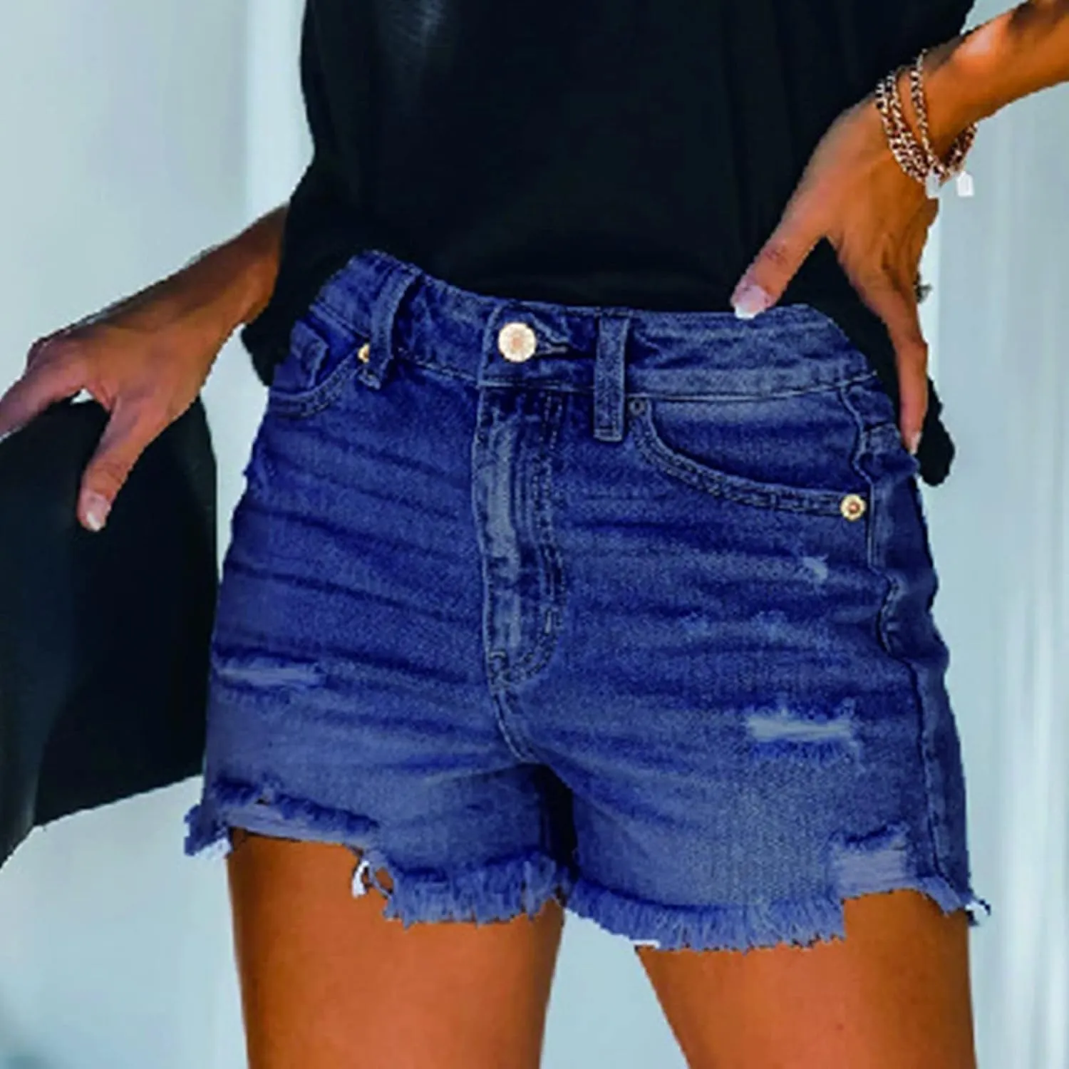 Womens Ripped Stretchy Jean Shorts High Waisted Distressed Frayed Raw Hem Denim Shorts with Pockets Hot Summer Jeans