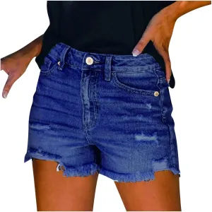Womens Ripped Stretchy Jean Shorts High Waisted Distressed Frayed Raw Hem Denim Shorts with Pockets Hot Summer Jeans