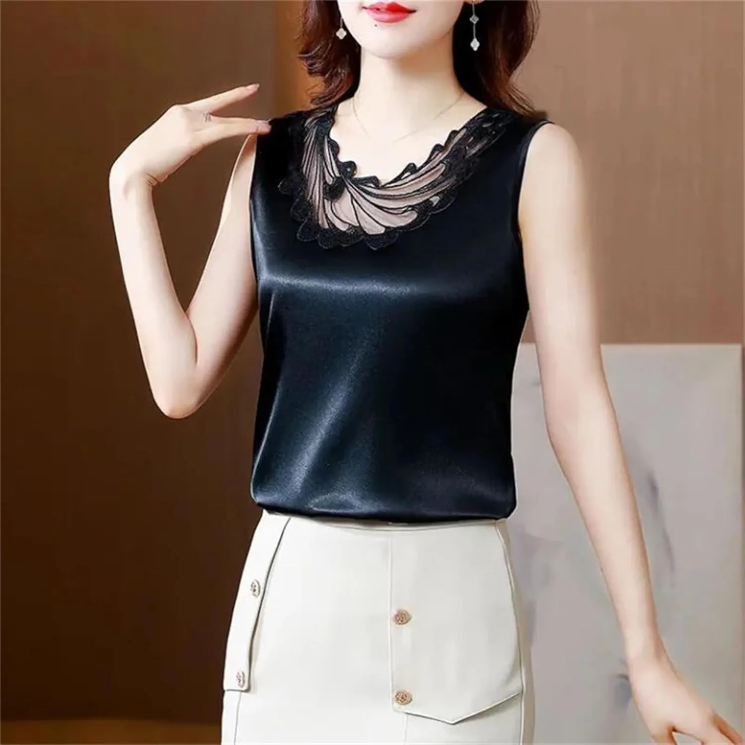Women's Ruffle Lace Trim Satin Tank Top Camisole Summer Breathable Crewneck Vest for Casual & Work Office Lightweight Blouse