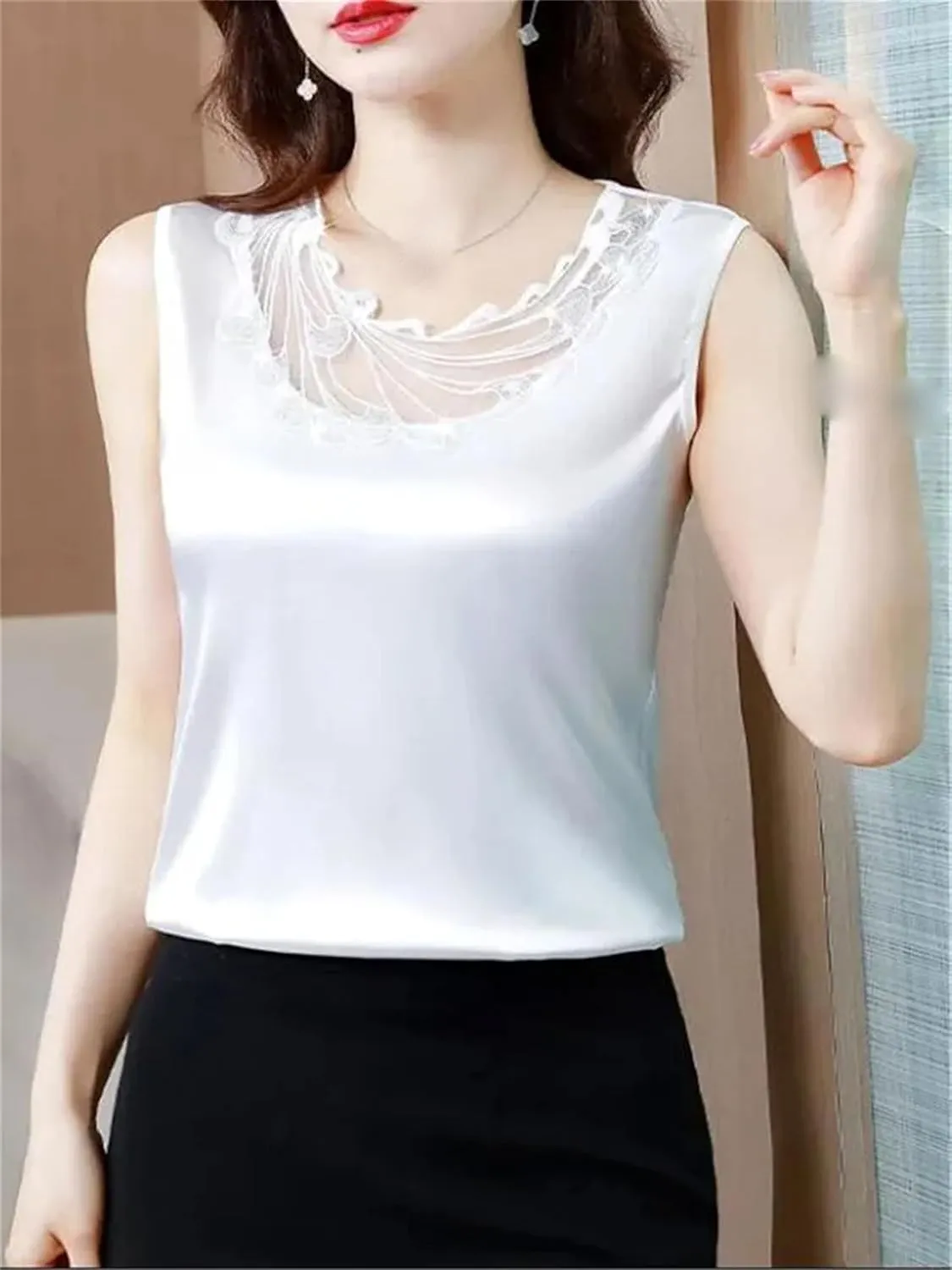 Women's Ruffle Lace Trim Satin Tank Top Camisole Summer Breathable Crewneck Vest for Casual & Work Office Lightweight Blouse