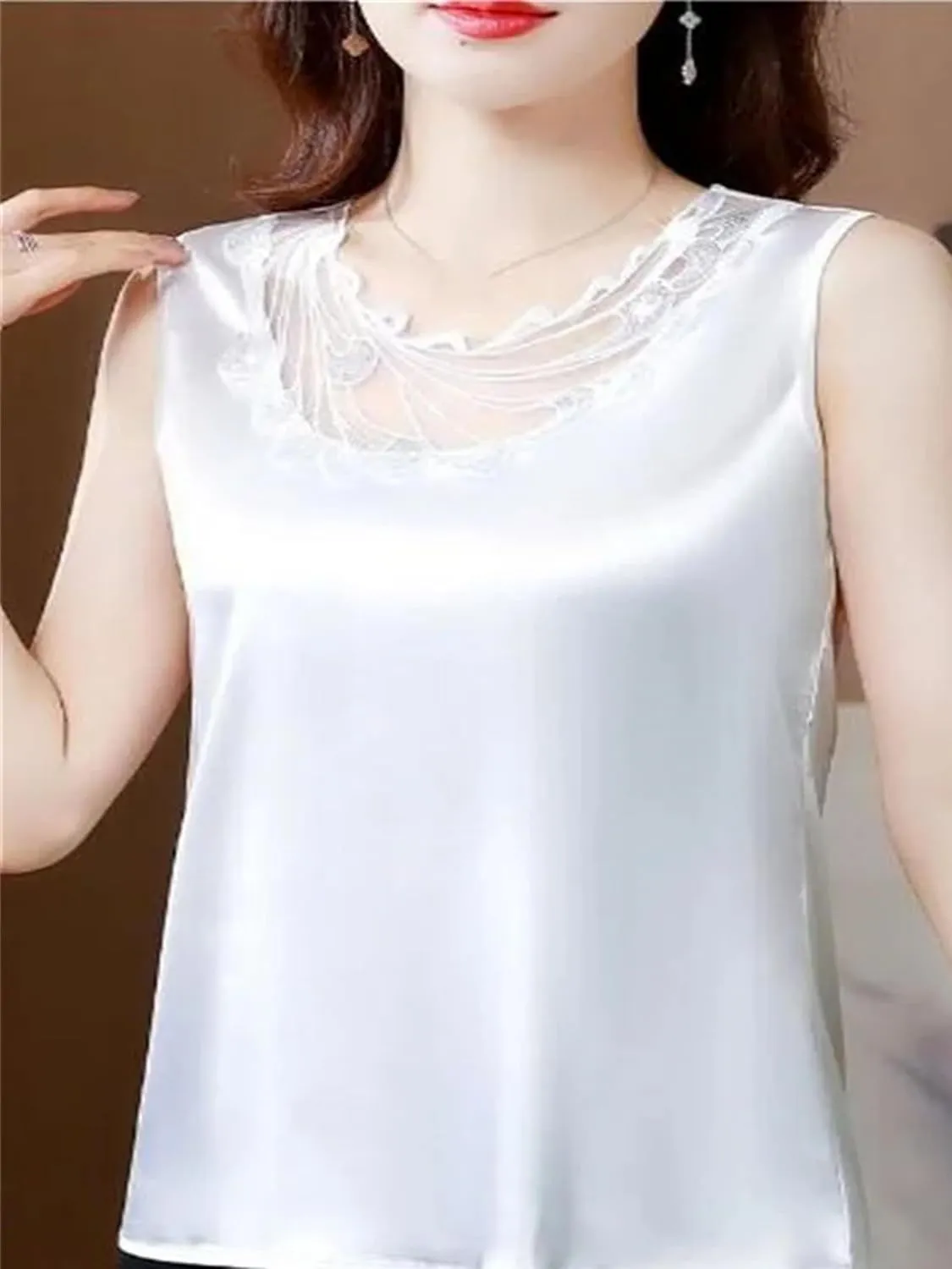 Women's Ruffle Lace Trim Satin Tank Top Camisole Summer Breathable Crewneck Vest for Casual & Work Office Lightweight Blouse