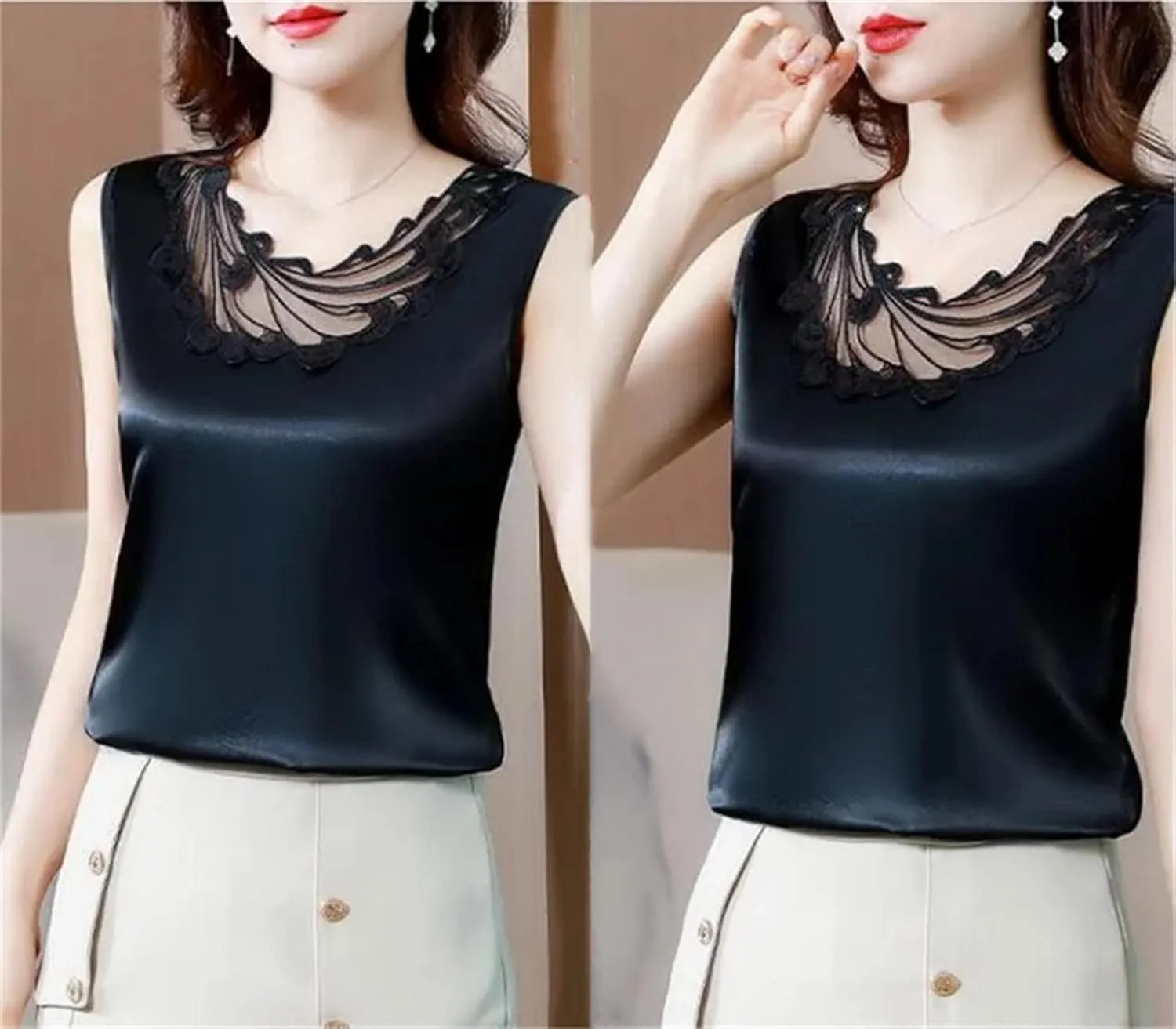 Women's Ruffle Lace Trim Satin Tank Top Camisole Summer Breathable Crewneck Vest for Casual & Work Office Lightweight Blouse