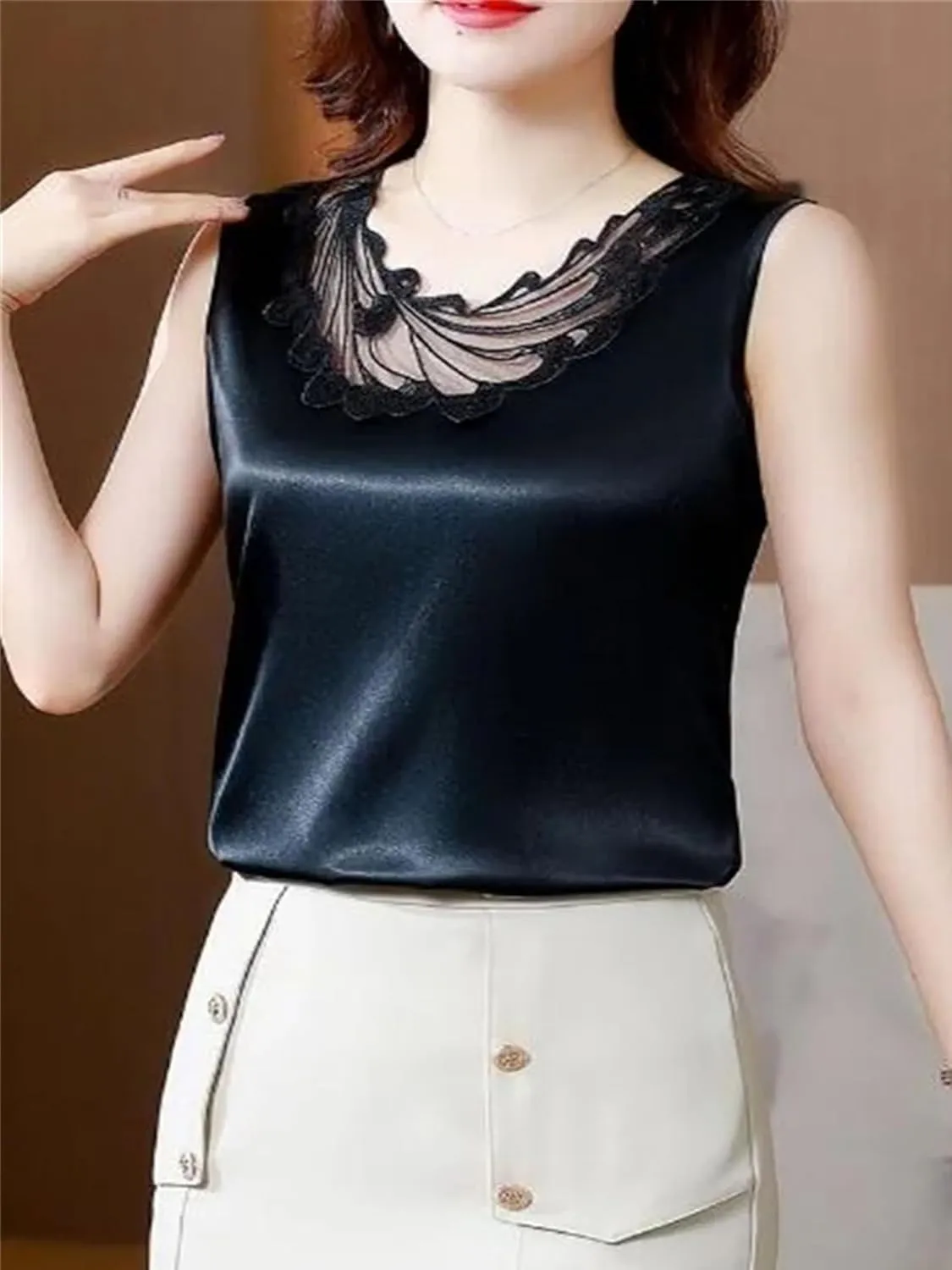 Women's Ruffle Lace Trim Satin Tank Top Camisole Summer Breathable Crewneck Vest for Casual & Work Office Lightweight Blouse