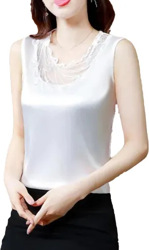 Women's Ruffle Lace Trim Satin Tank Top Camisole Summer Breathable Crewneck Vest for Casual & Work Office Lightweight Blouse
