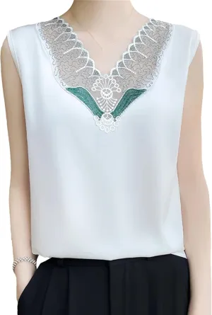 Women's Ruffle Lace Trim Satin Tank Top Camisole Summer Breathable V-Neck Sleeveless Vest Lightweight Loose Fit Work Blouse