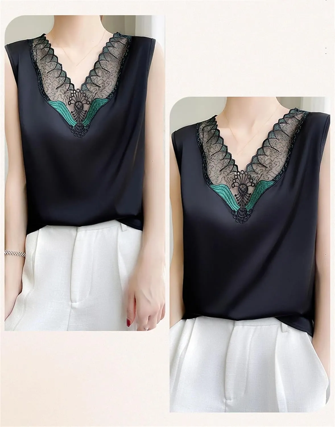 Women's Ruffle Lace Trim Satin Tank Top Camisole Summer Breathable V-Neck Sleeveless Vest Lightweight Loose Fit Work Blouse
