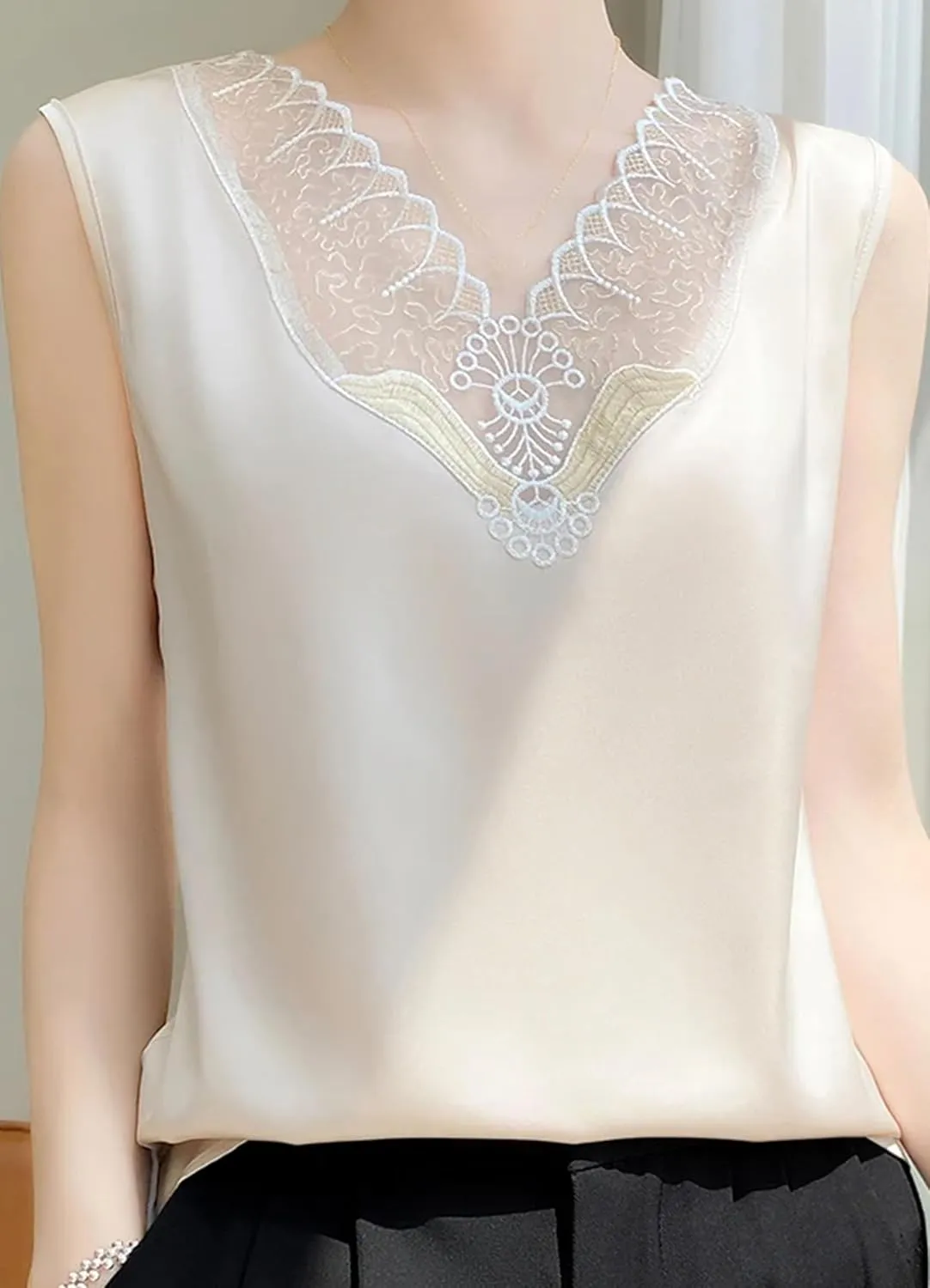Women's Ruffle Lace Trim Satin Tank Top Camisole Summer Breathable V-Neck Sleeveless Vest Lightweight Loose Fit Work Blouse
