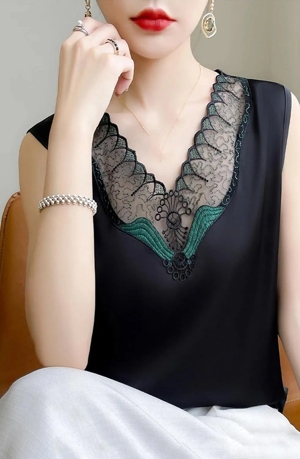 Women's Ruffle Lace Trim Satin Tank Top Camisole Summer Breathable V-Neck Sleeveless Vest Lightweight Loose Fit Work Blouse