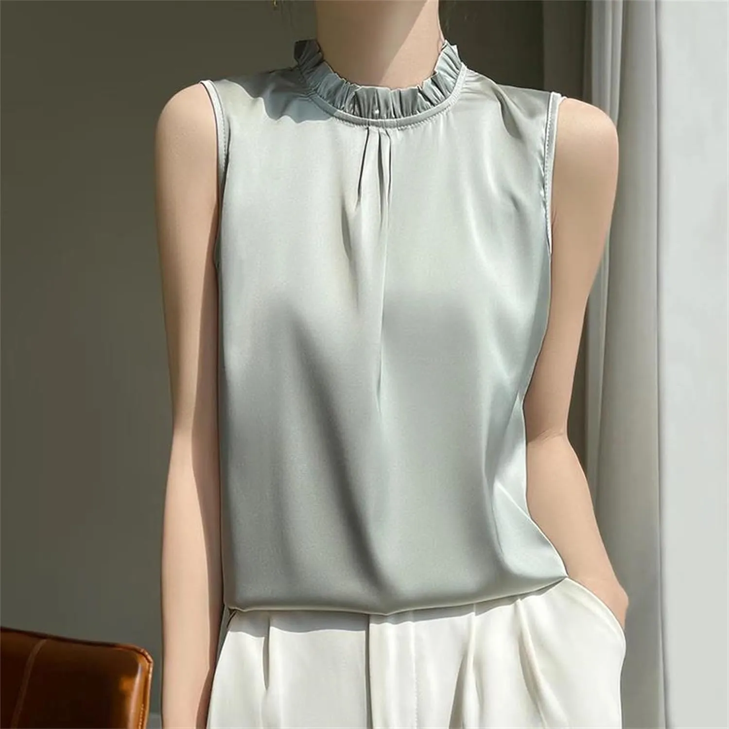 Women's Ruffle Mock Neck Satin Tank Top Camisole - Lightweight Summer Vest, Breathable Loose Fit Casual & Work Office Blouse