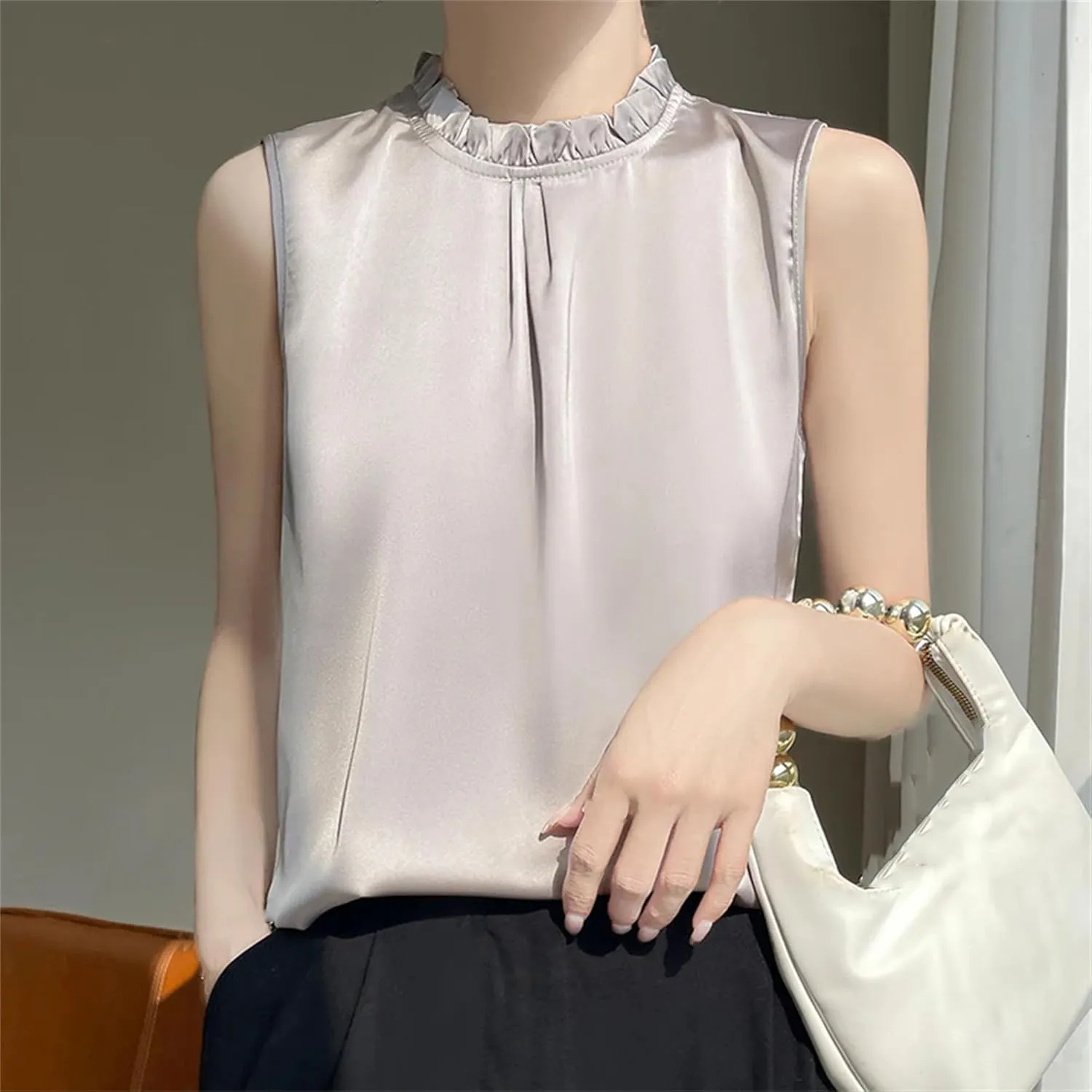 Women's Ruffle Mock Neck Satin Tank Top Camisole - Lightweight Summer Vest, Breathable Loose Fit Casual & Work Office Blouse