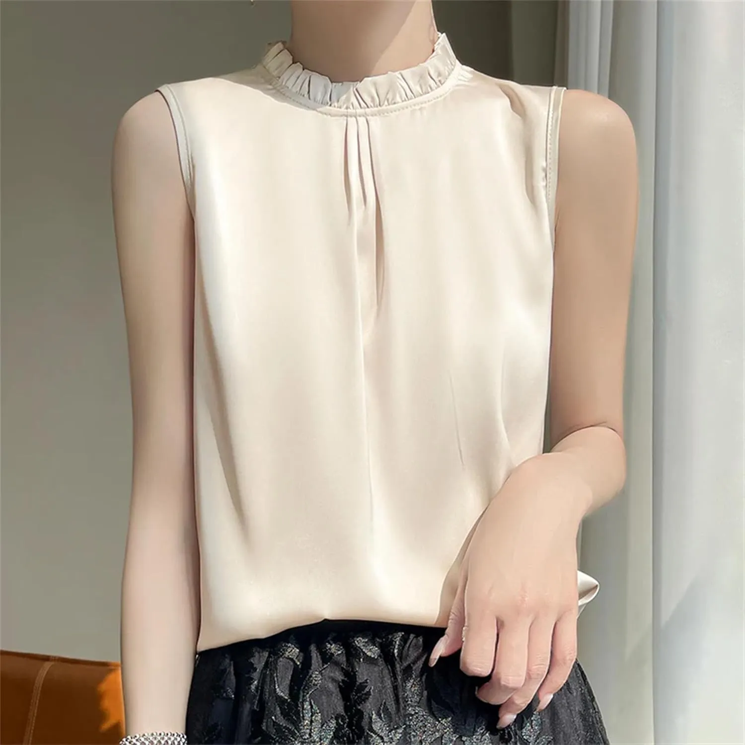 Women's Ruffle Mock Neck Satin Tank Top Camisole - Lightweight Summer Vest, Breathable Loose Fit Casual & Work Office Blouse
