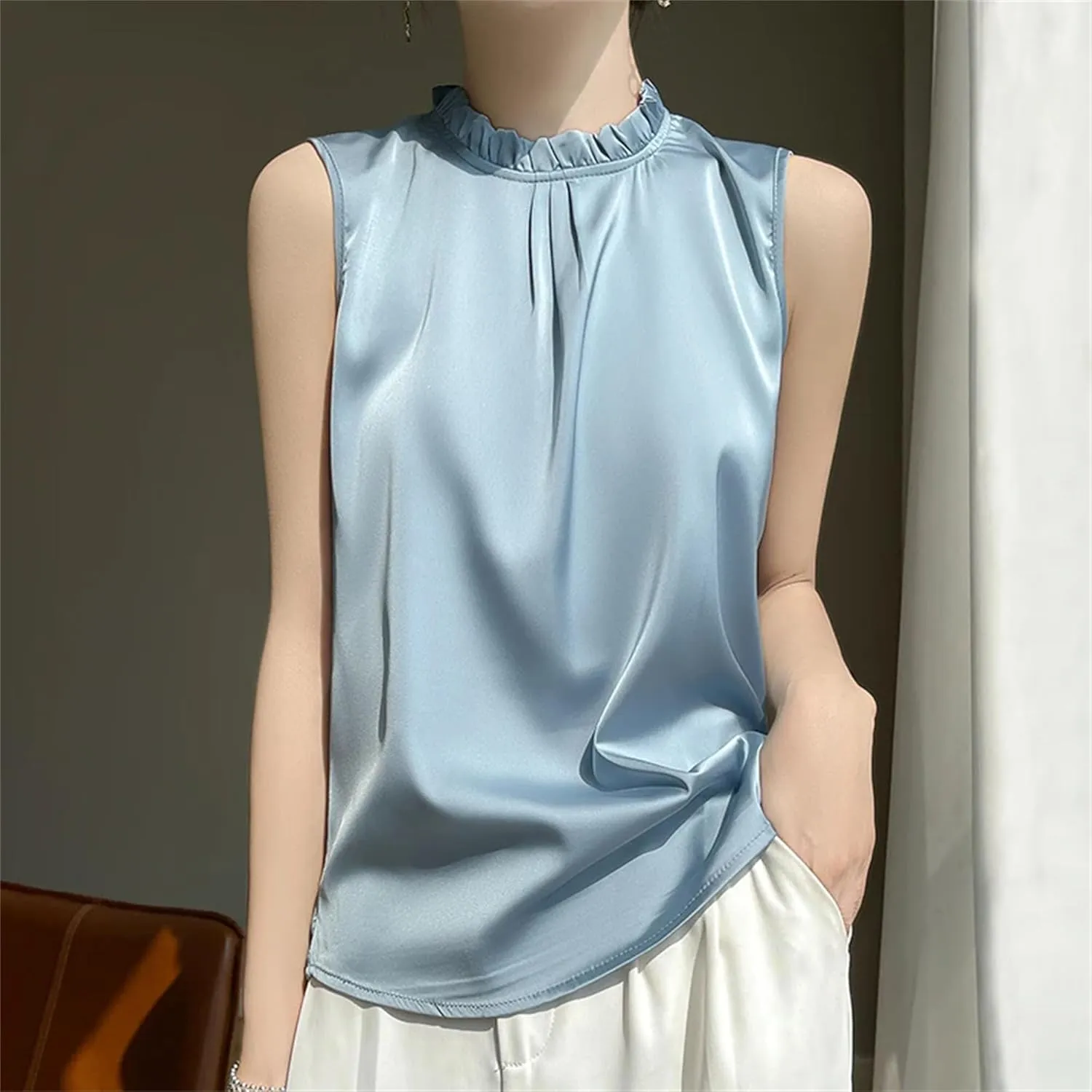Women's Ruffle Mock Neck Satin Tank Top Camisole - Lightweight Summer Vest, Breathable Loose Fit Casual & Work Office Blouse