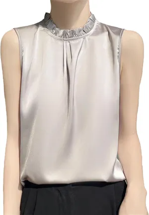 Women's Ruffle Mock Neck Satin Tank Top Camisole - Lightweight Summer Vest, Breathable Loose Fit Casual & Work Office Blouse