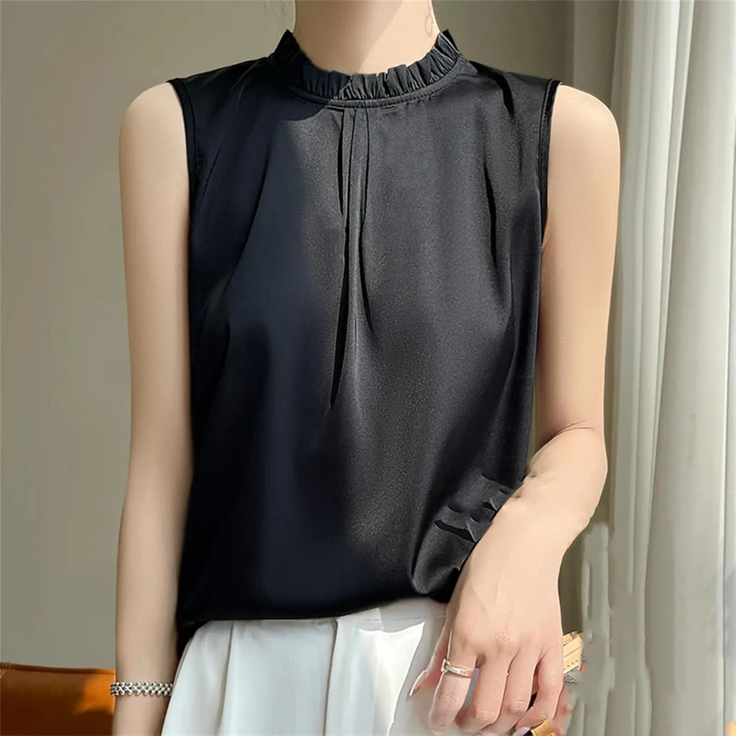 Women's Ruffle Mock Neck Satin Tank Top Camisole - Lightweight Summer Vest, Breathable Loose Fit Casual & Work Office Blouse