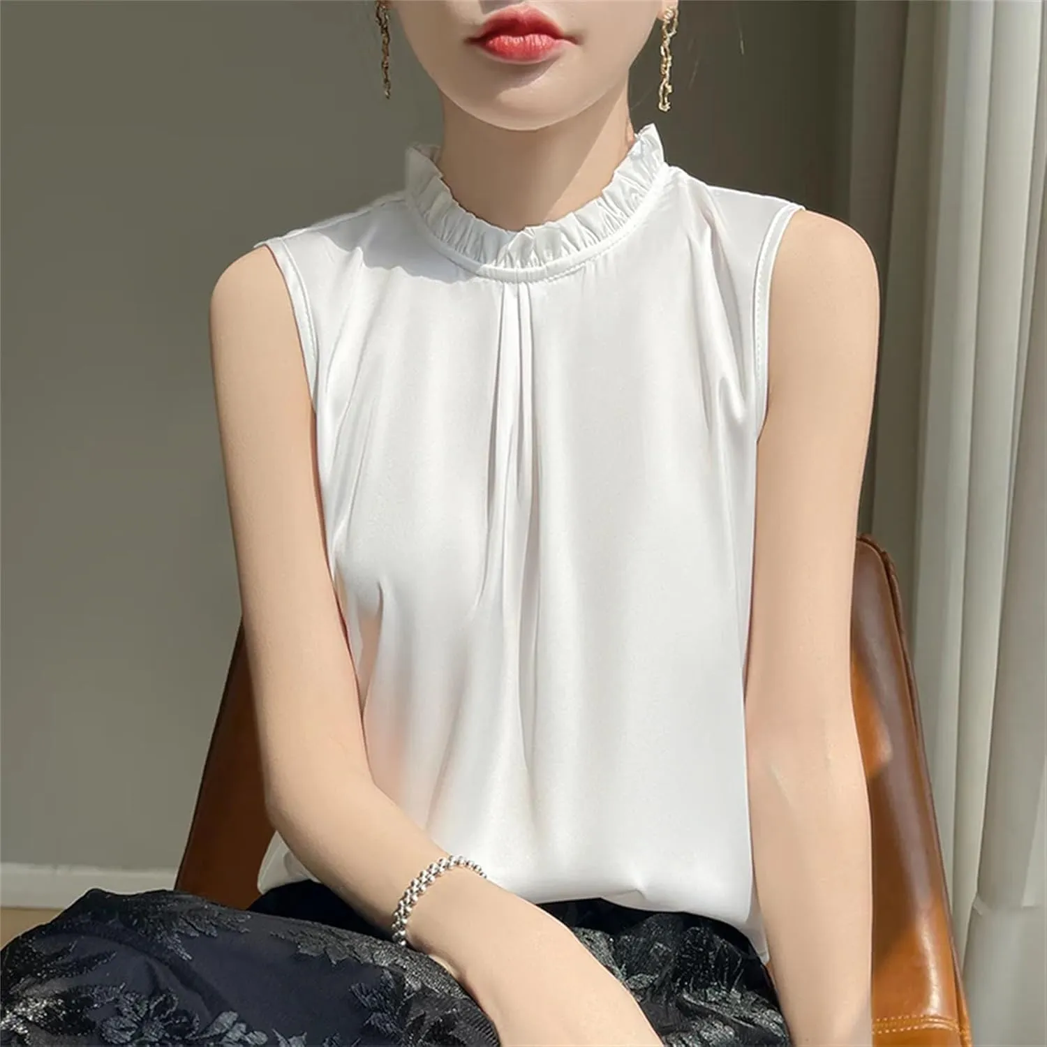 Women's Ruffle Mock Neck Satin Tank Top Camisole - Lightweight Summer Vest, Breathable Loose Fit Casual & Work Office Blouse