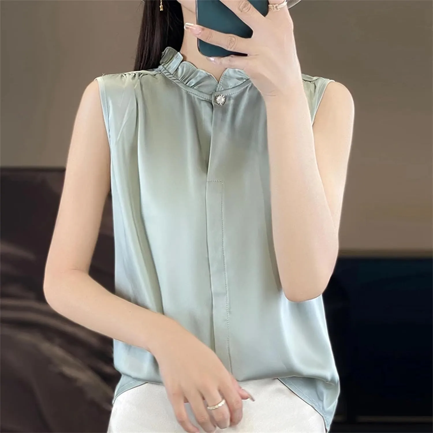 Women's Ruffle Mock Neck Satin Tank Top Camisole - Summer Breathable Loose Fit Vest Sleeveless Casual & Work Office Blouse