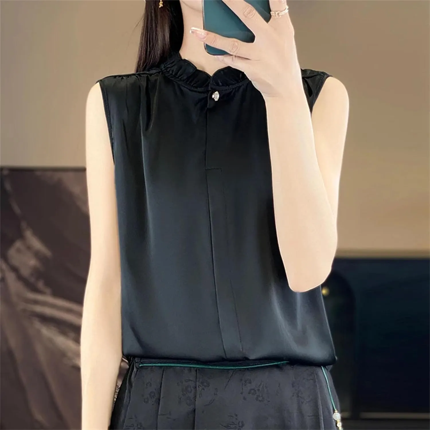 Women's Ruffle Mock Neck Satin Tank Top Camisole - Summer Breathable Loose Fit Vest Sleeveless Casual & Work Office Blouse