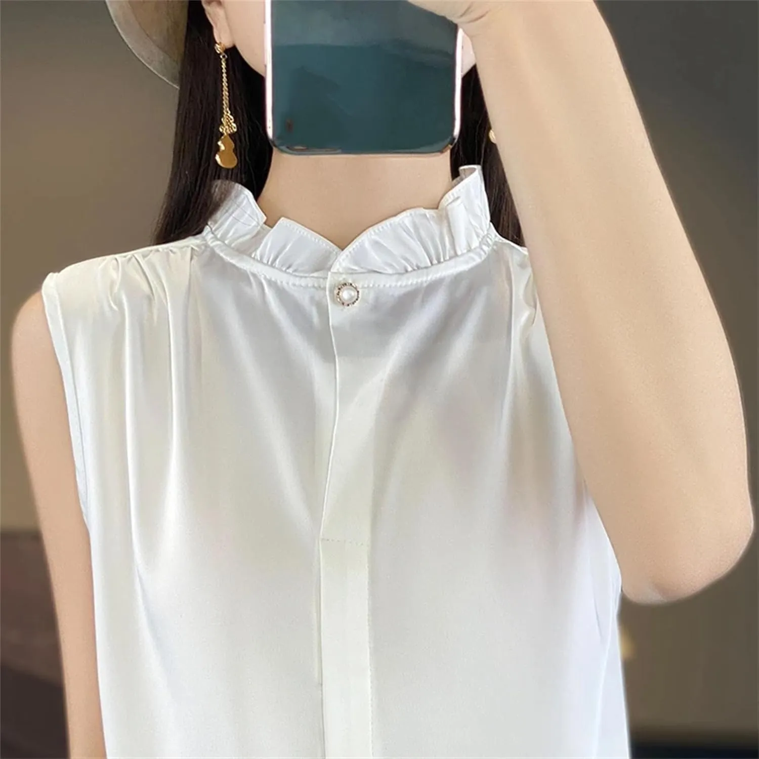 Women's Ruffle Mock Neck Satin Tank Top Camisole - Summer Breathable Loose Fit Vest Sleeveless Casual & Work Office Blouse