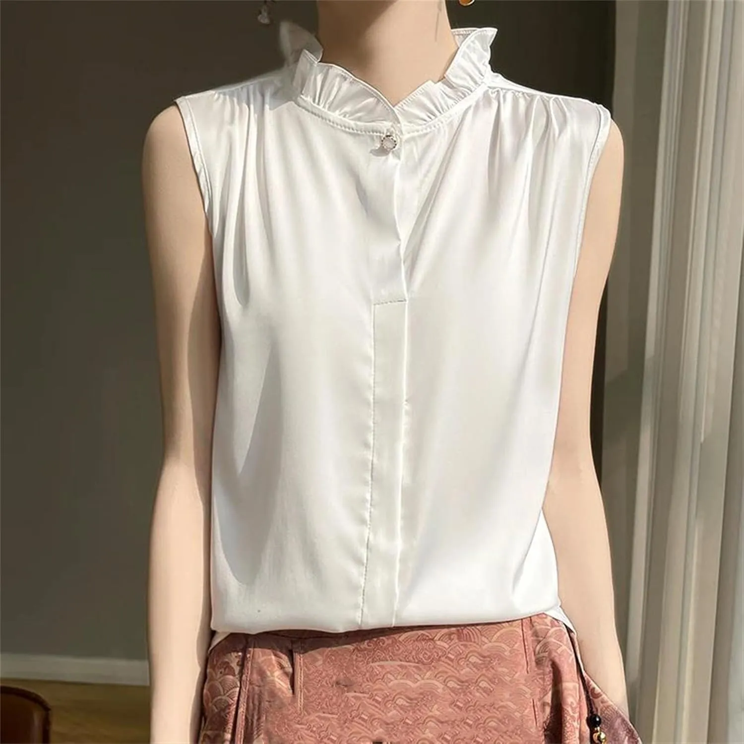 Women's Ruffle Mock Neck Satin Tank Top Camisole - Summer Breathable Loose Fit Vest Sleeveless Casual & Work Office Blouse