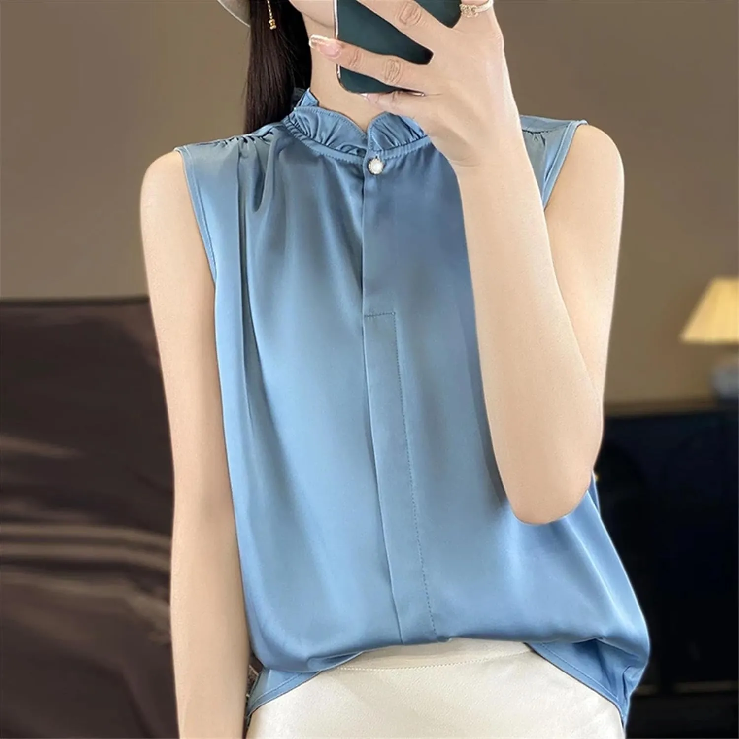 Women's Ruffle Mock Neck Satin Tank Top Camisole - Summer Breathable Loose Fit Vest Sleeveless Casual & Work Office Blouse