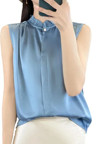 Women's Ruffle Mock Neck Satin Tank Top Camisole - Summer Breathable Loose Fit Vest Sleeveless Casual & Work Office Blouse