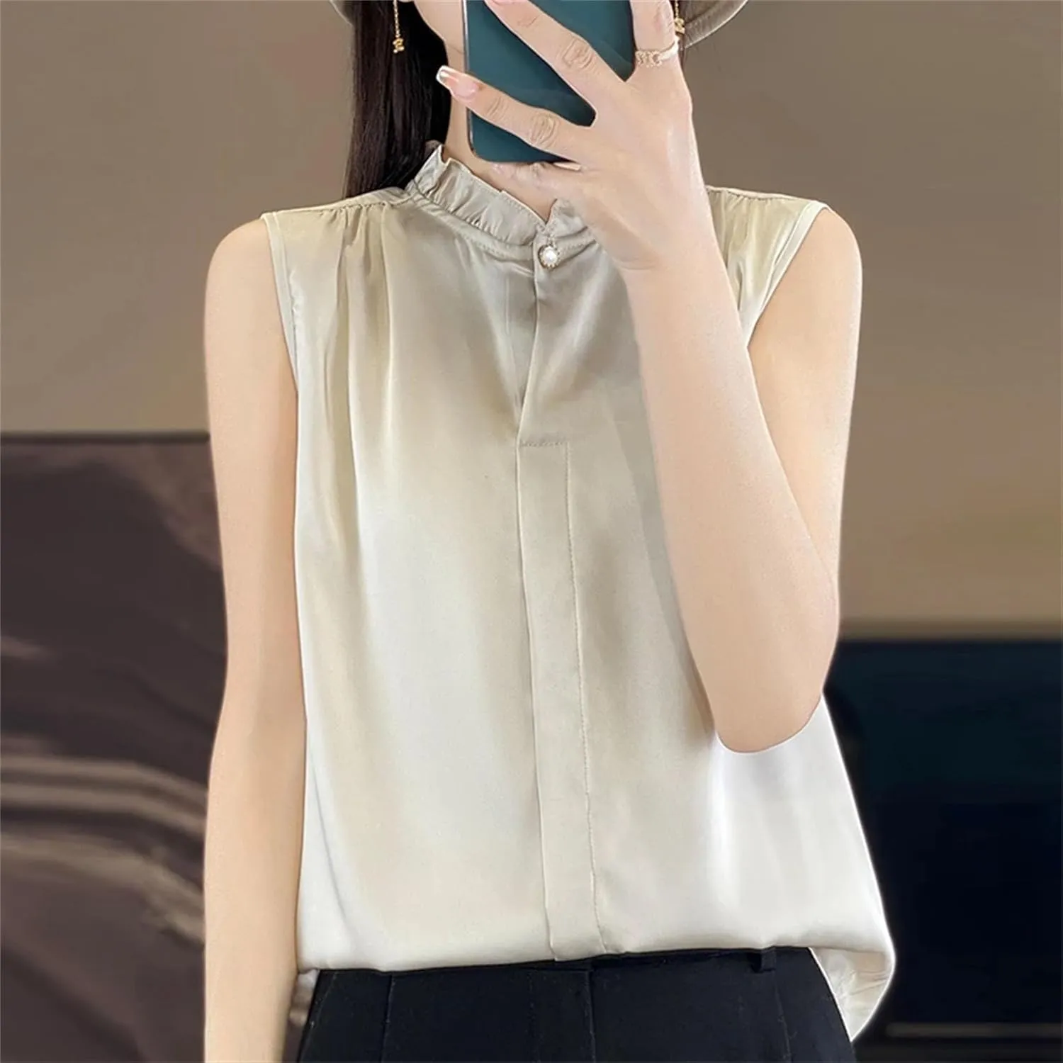 Women's Ruffle Mock Neck Satin Tank Top Camisole - Summer Breathable Loose Fit Vest Sleeveless Casual & Work Office Blouse