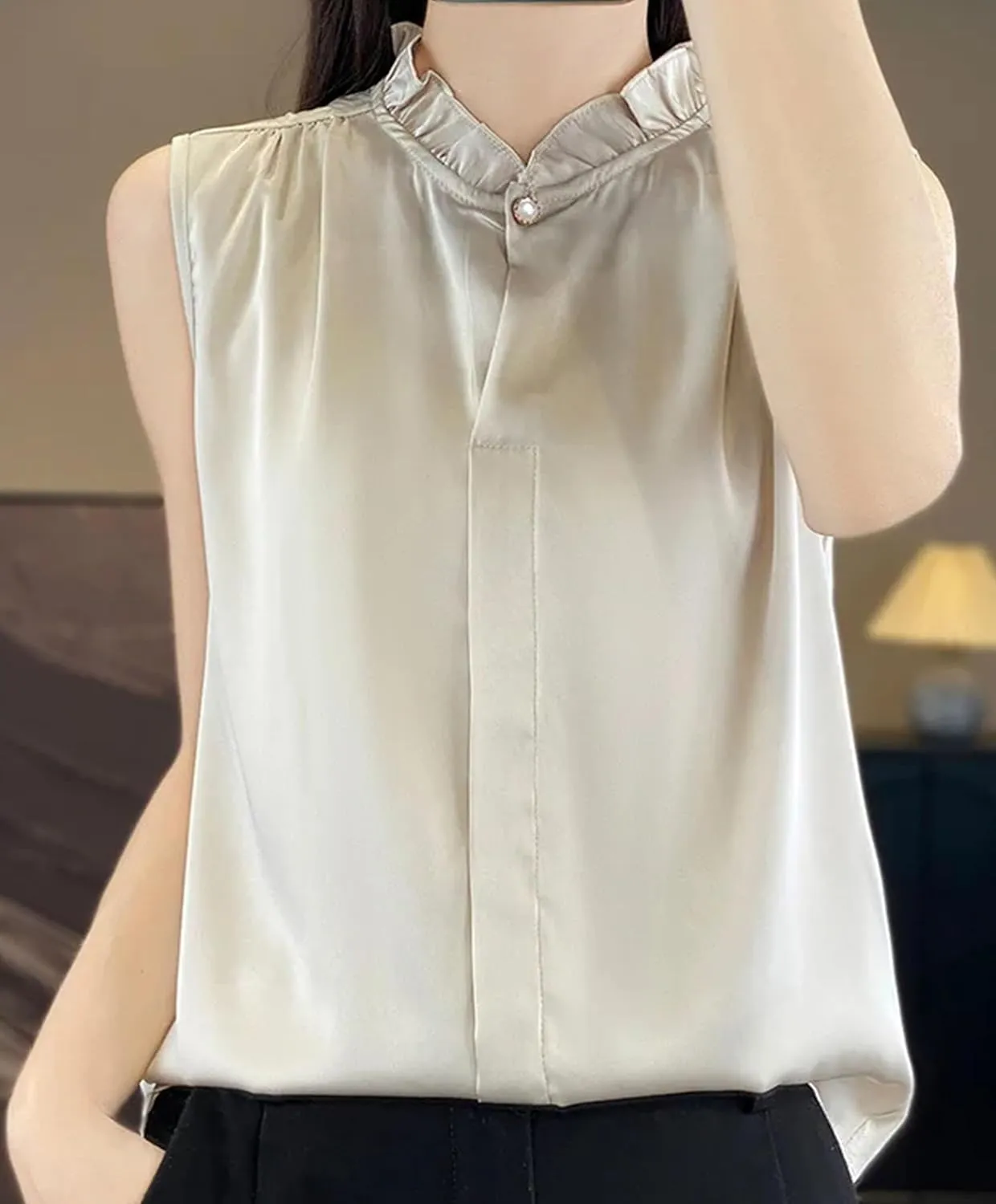 Women's Ruffle Mock Neck Satin Tank Top Camisole - Summer Breathable Loose Fit Vest Sleeveless Casual & Work Office Blouse