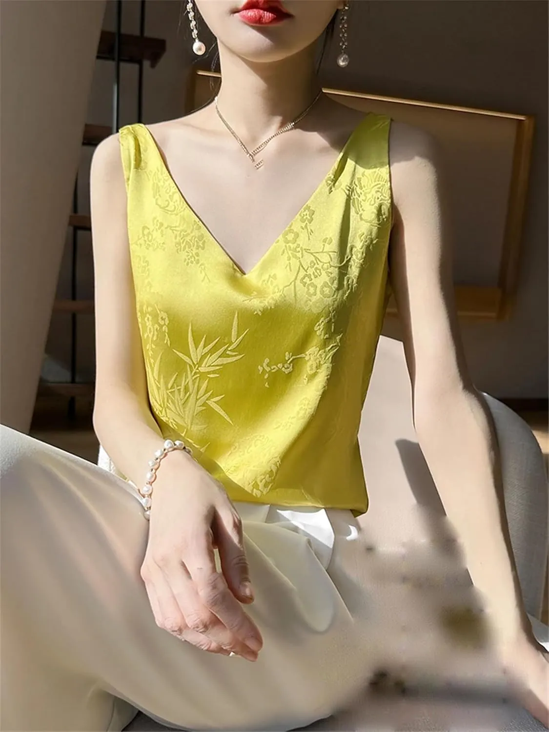 Women's Satin Jacquard Tank Top & Camisole - Summer Lightweight V-Neck Sleeveless Blouse Breathable Loose Fit Smooth Lounge